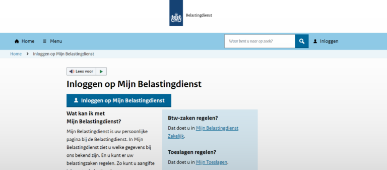 Screenshot van de website van de belastingdienst