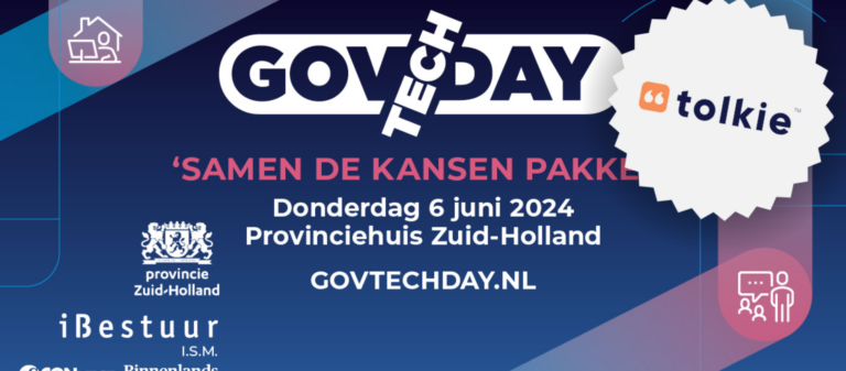 Banner van GovTech Day 2024 op 6 juni 2024. De dag is een initiatief van iBestuur en partners. Je kunt meer informatie vinden op www.govtechday.nl