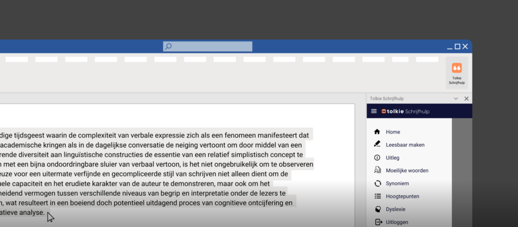 screenshot van het programma Tolkie Schrijfhulp in Microsoft Word