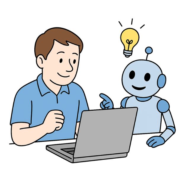 Robot geeft een tip aan een man tijdens het lezen van de tekst