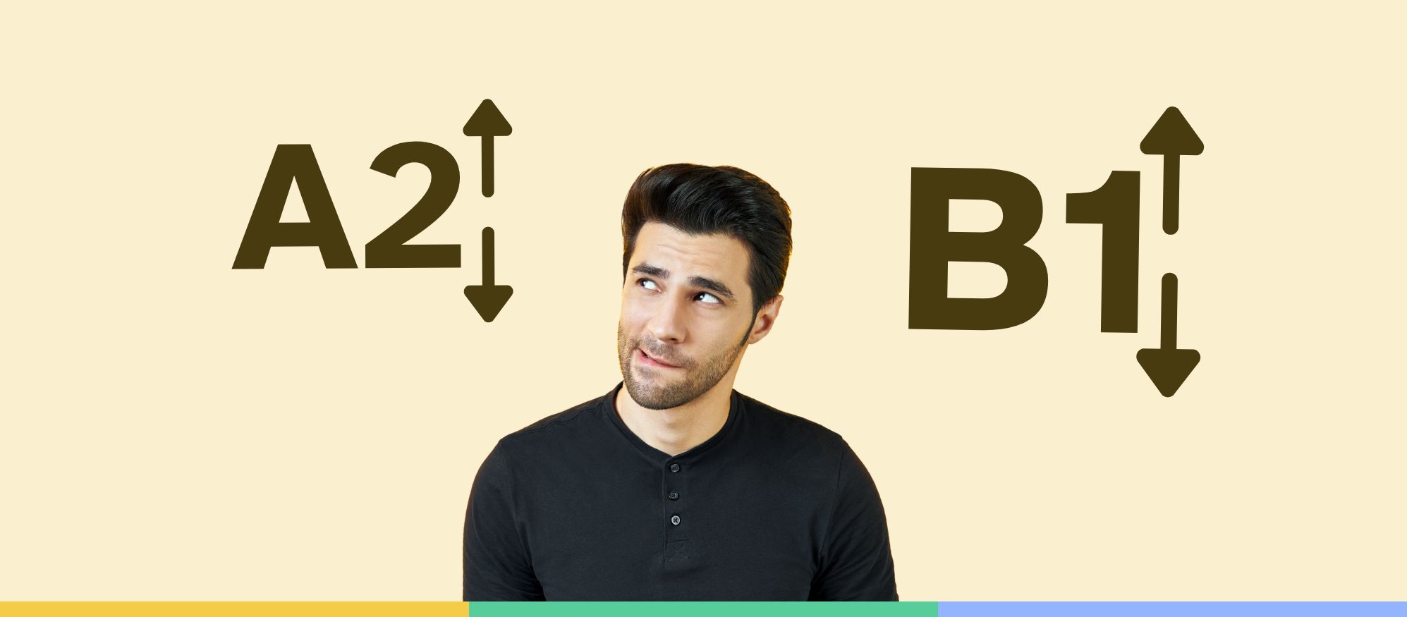 Een man kijkt naar A2 en naar B1 en twijfelt