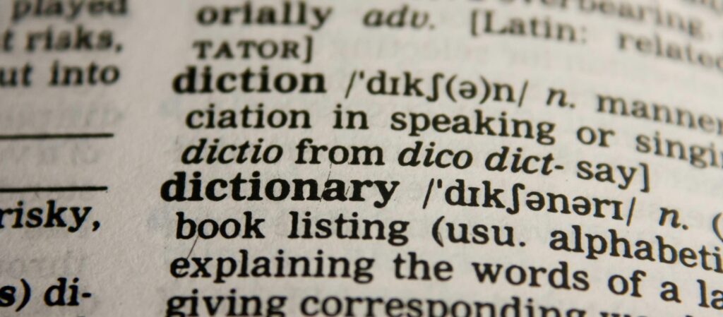 De afbeelding toont een close-up van een woordenboekpagina. Je ziet de Engelse woorden 'diction' en 'dictionary' in vetgedrukte letters, met daarachter de fonetische uitspraak en een korte uitleg van de betekenis.