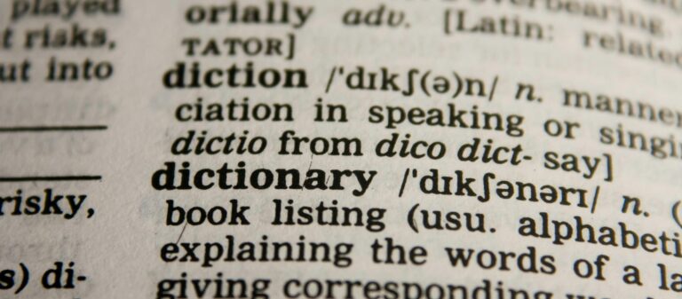 De afbeelding toont een close-up van een woordenboekpagina. Je ziet de Engelse woorden 'diction' en 'dictionary' in vetgedrukte letters, met daarachter de fonetische uitspraak en een korte uitleg van de betekenis.